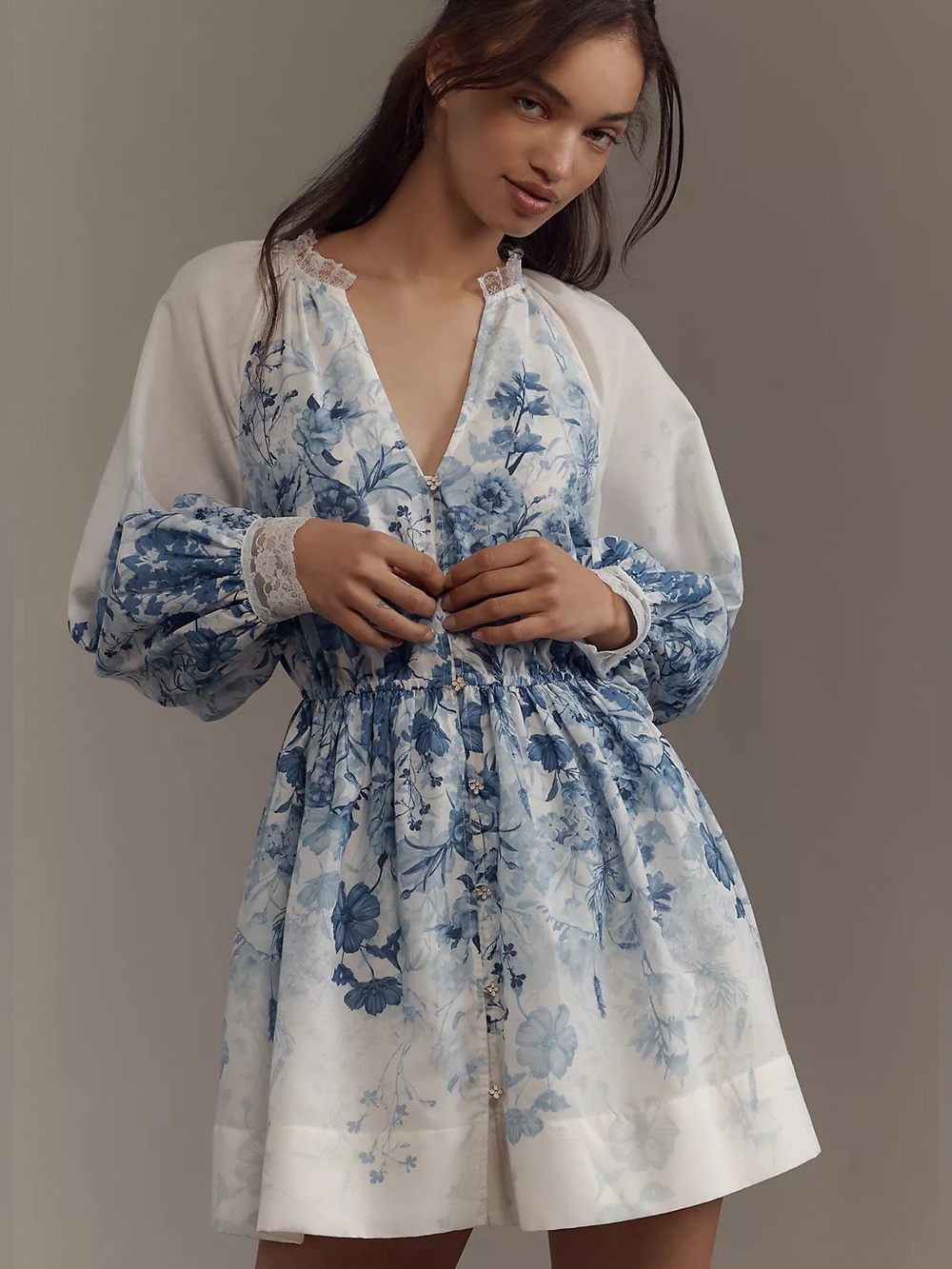 ANTHROPOLOGIE Blue + White Balloon Sleeve Floral Button-Front Mini Dress MEDIUM